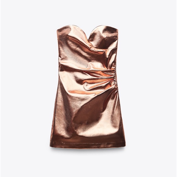 Zara NWT rose gold metallic sweetheart ruched faux leather patent mini dress - Picture 3 of 12
